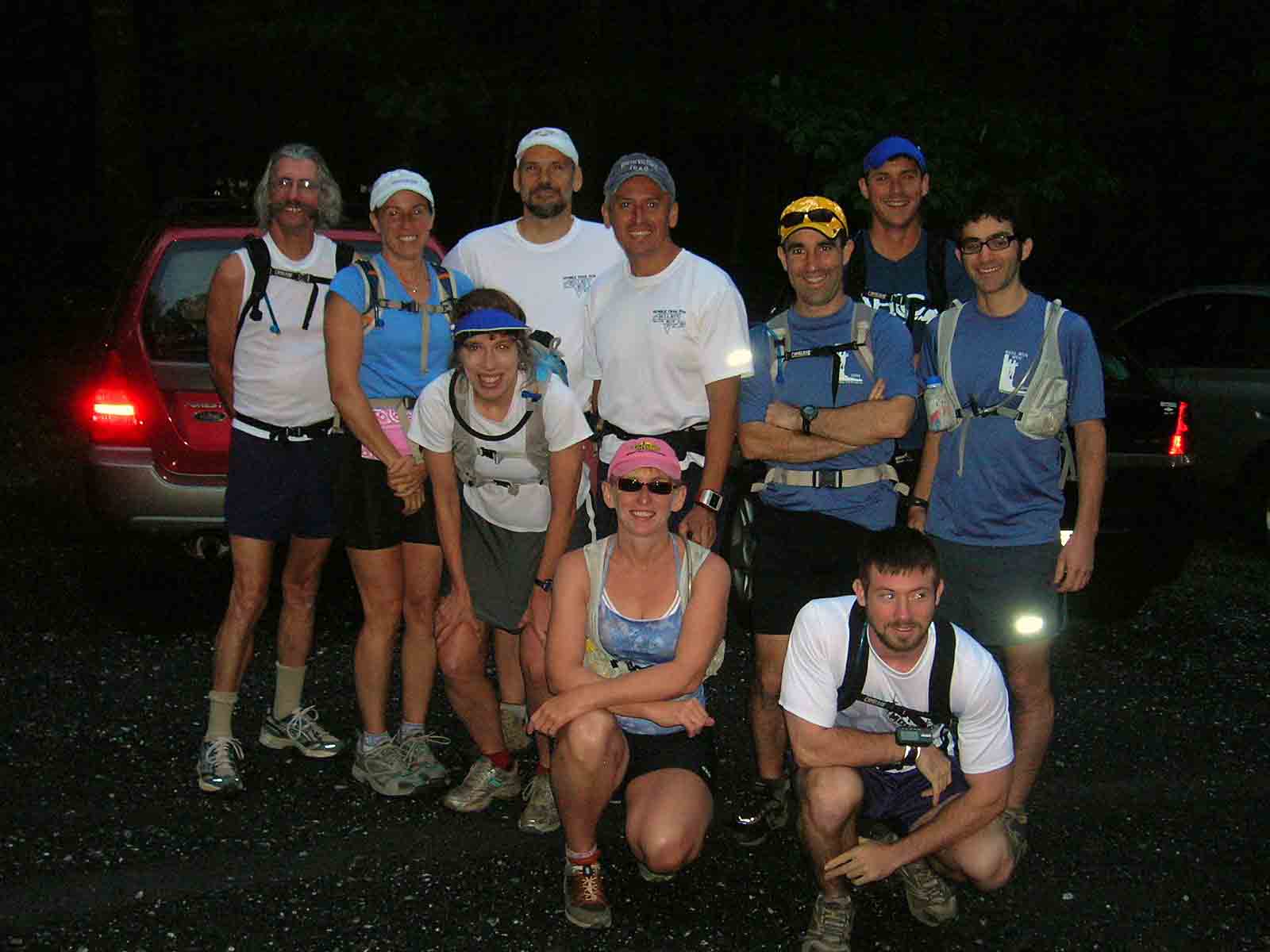 10 of the 11 starters line up for obligatory class photo prior to the start of the inaugural Martha Moats Baker Memorial 50K, June 21 2008
