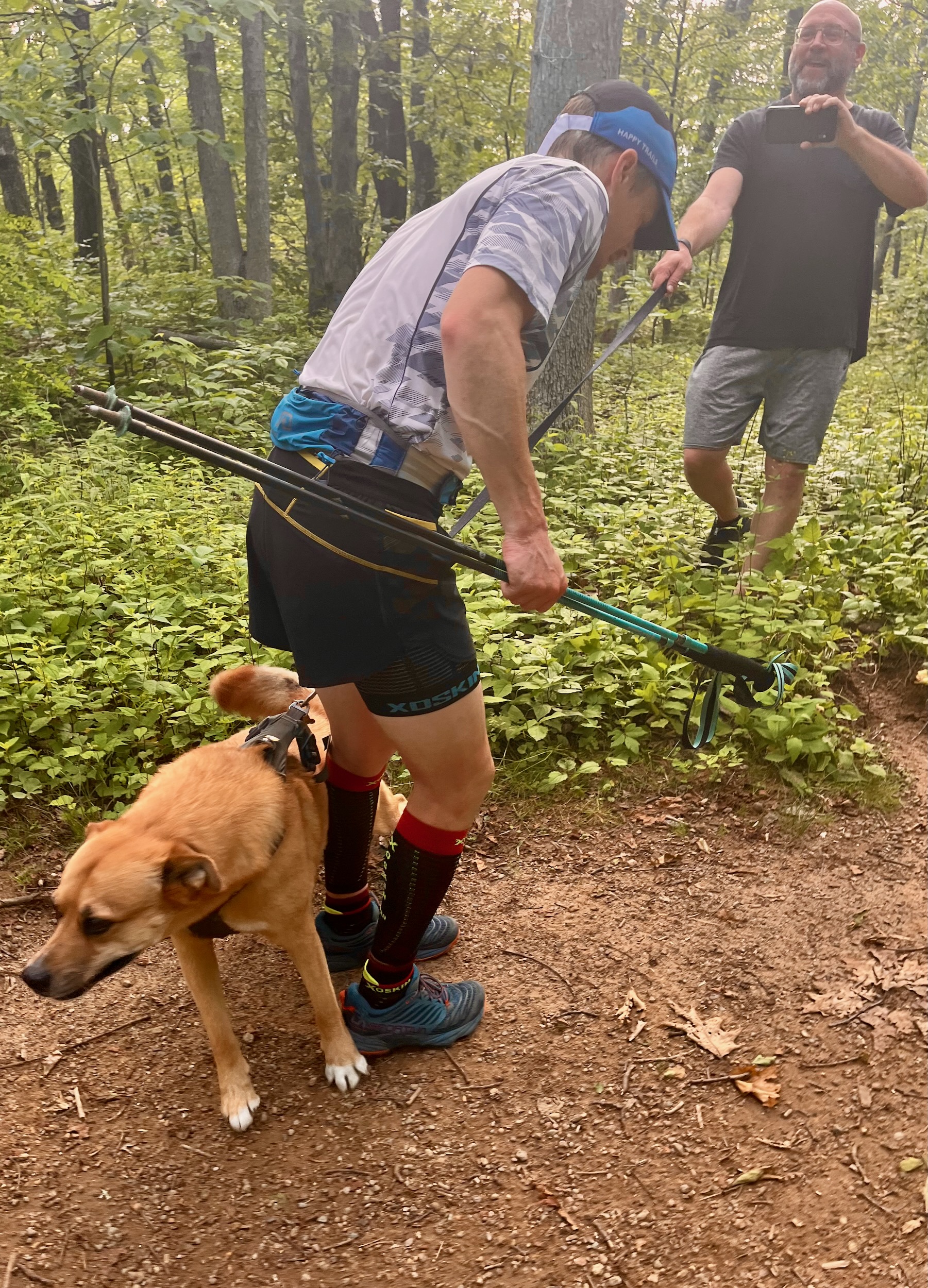 John getting some energy from Freyja, Tracy's dog, near Compton Gap on June 10