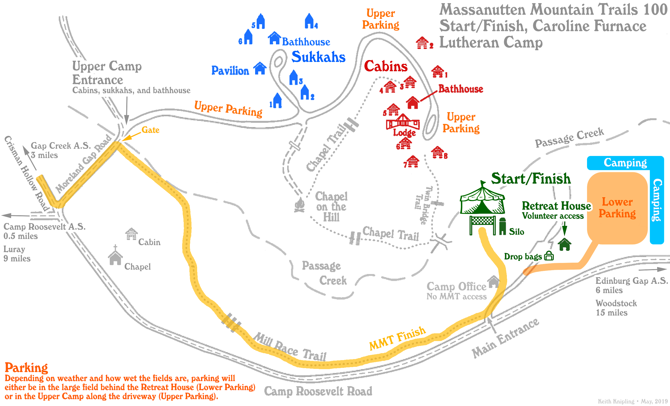 Route of the finish (in yellow) through the Caroline Furnace Lutheran Camp